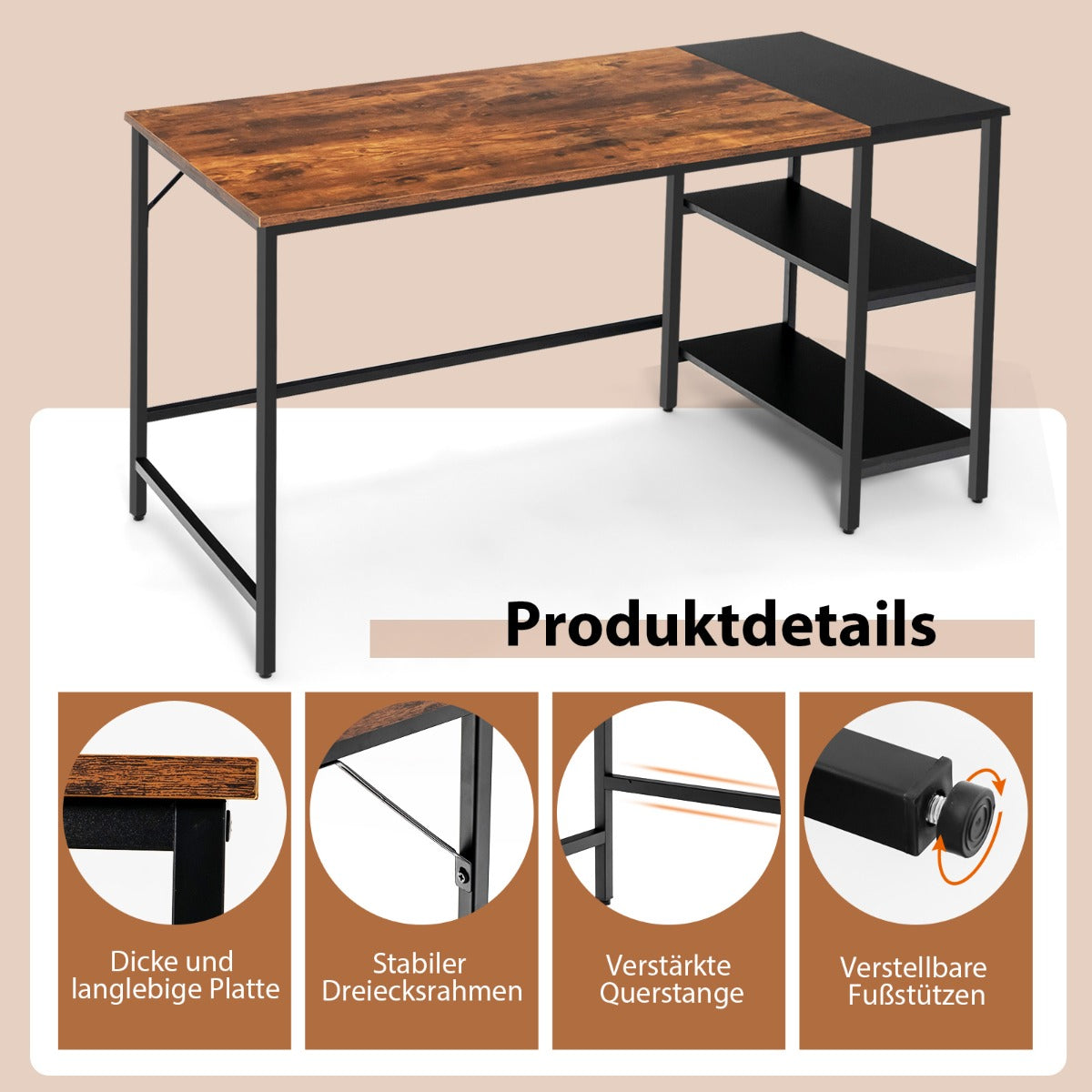 Costway - 140 cm Schreibtisch mit Ablageflächen & Spleißplatte Computertisch Bürotisch Industriell