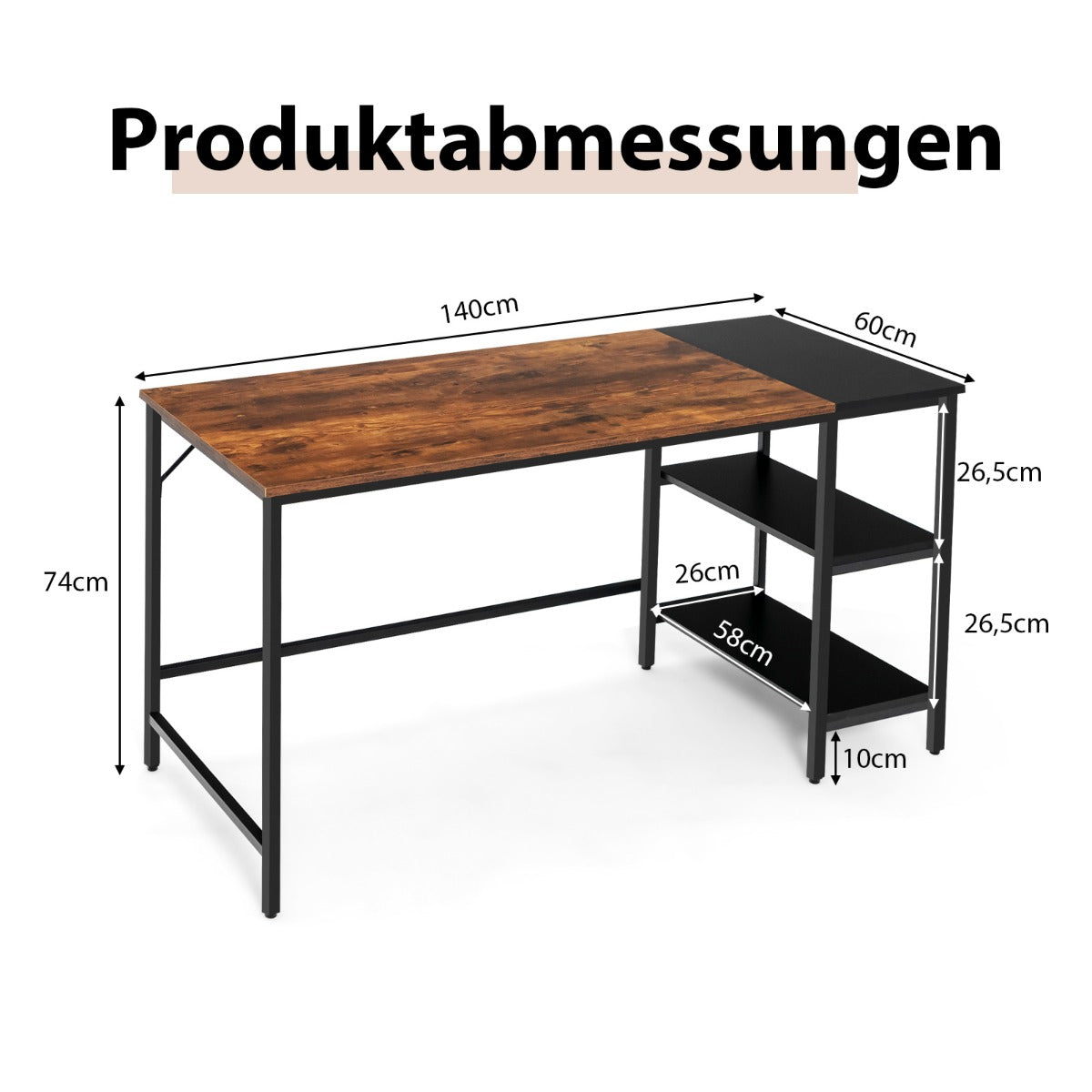 Costway - 140 cm Schreibtisch mit Ablageflächen & Spleißplatte Computertisch Bürotisch Industriell