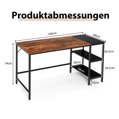 Costway - 140 cm Schreibtisch mit Ablageflächen & Spleißplatte Computertisch Bürotisch Industriell