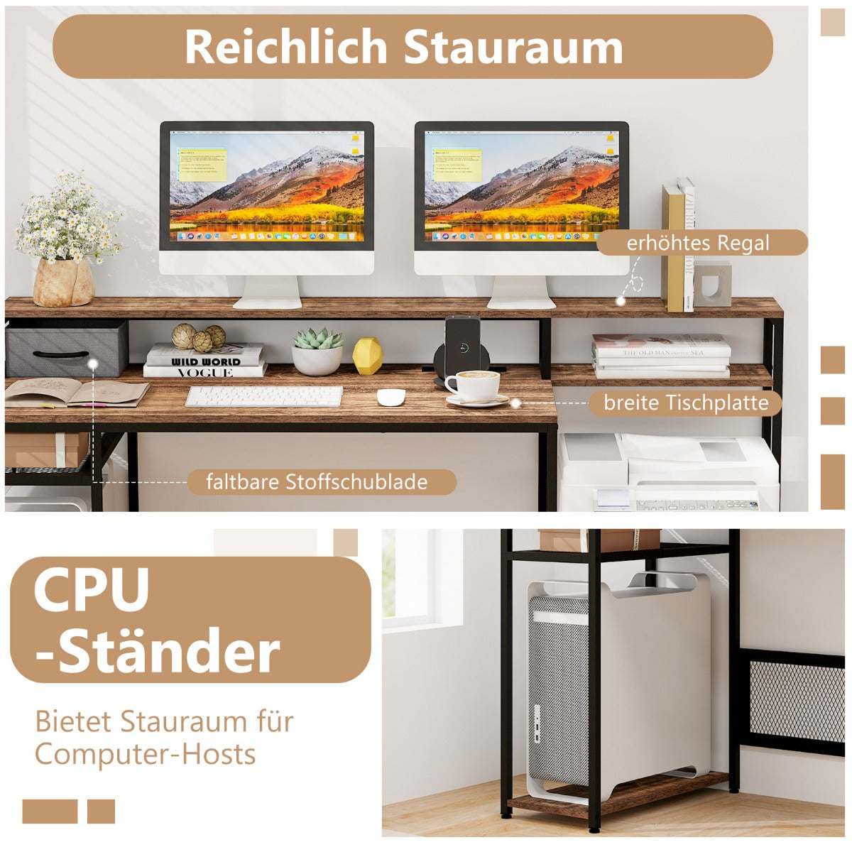 Costway - Schreibtisch mit Steckdosen & USB-Anschlüssen & Monitorständer & Druckerständer Computertisch