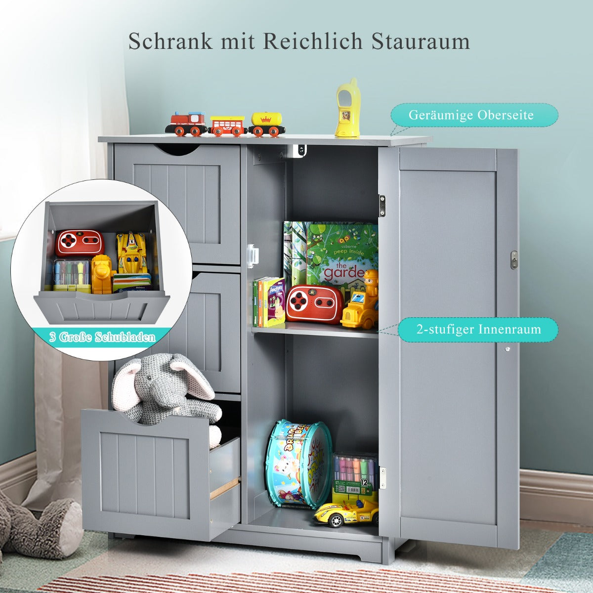 Badezimmerschrank, Badezimmerschrank Schmal, Aufbewahrungsschrank mit 3 Schubladen, 60 x 30 x 81 cm, Grau, Costway, 5