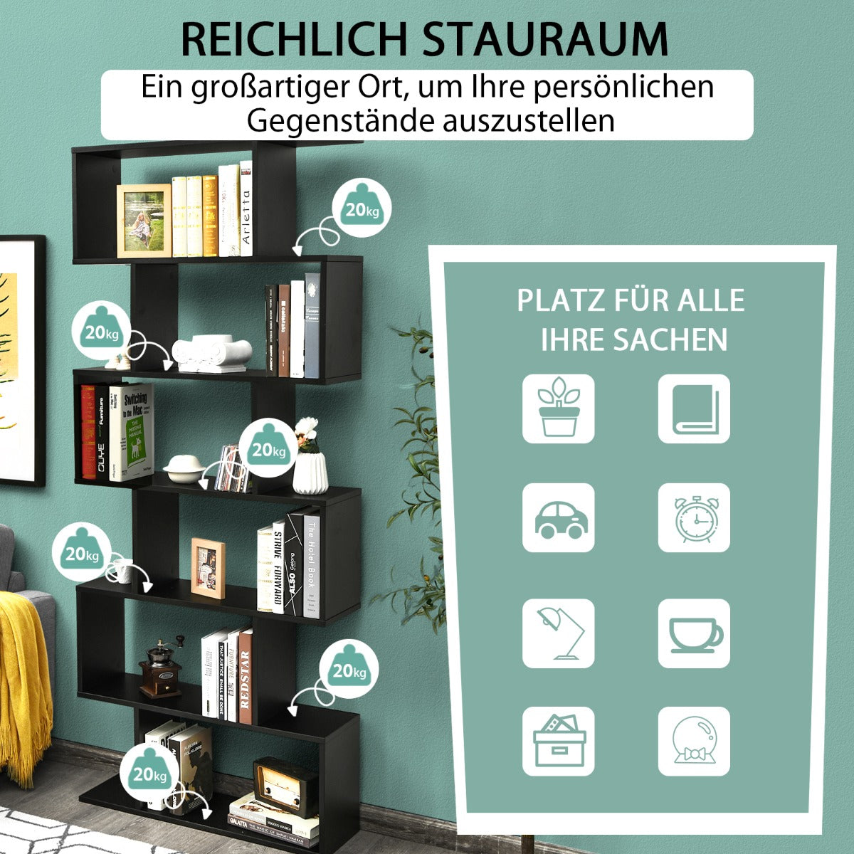 Bücherregal, Bücherregal mit 6 Ebenen, Standregal  S-Form, Aufbewahrungsregal, Holz, Farbwahl-Schwarz, Costway, 2