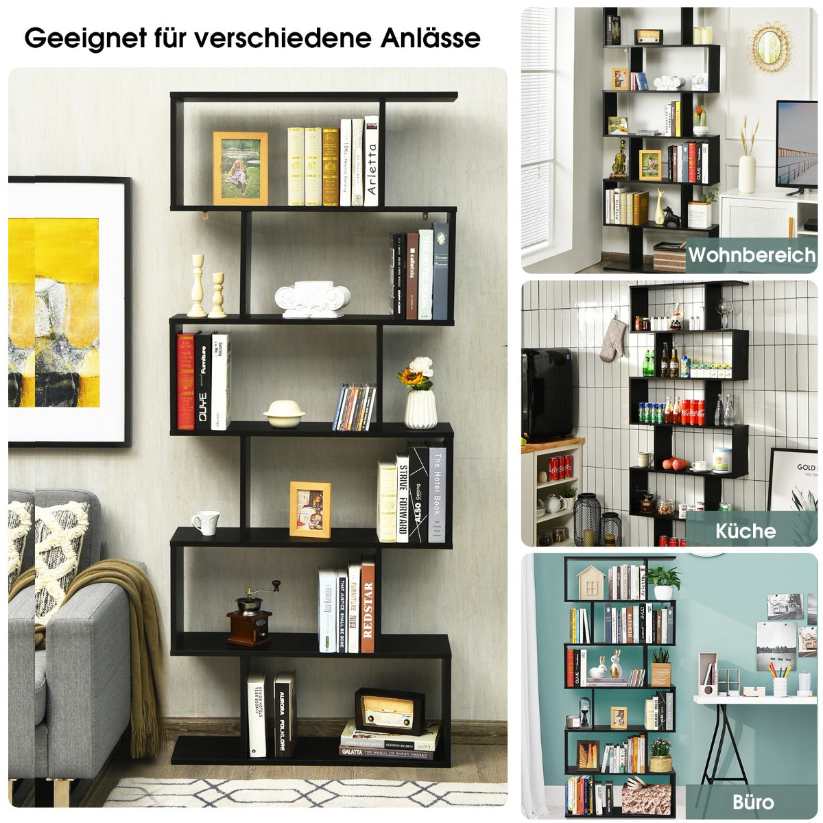 Bücherregal, Bücherregal mit 6 Ebenen, Standregal  S-Form, Aufbewahrungsregal, Holz, Farbwahl-Schwarz, Costway, 3