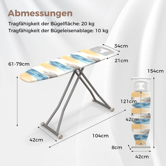 Bügelbrett, mit Eisenablage & 7 Verstellbarer Höhe, bügelbrett klappbar, Bügeltisch, mit Bügelbrettbezug, Blau, gelb, Costway, 3