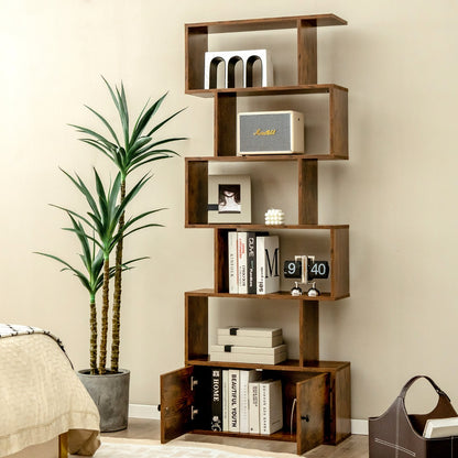 Bücherregal, Bücherregal 5 Ebenen, mit Türen, Standregal, aus Holz, 183 x 70 x 23 cm, Raumteiler Braun, Costway, 2