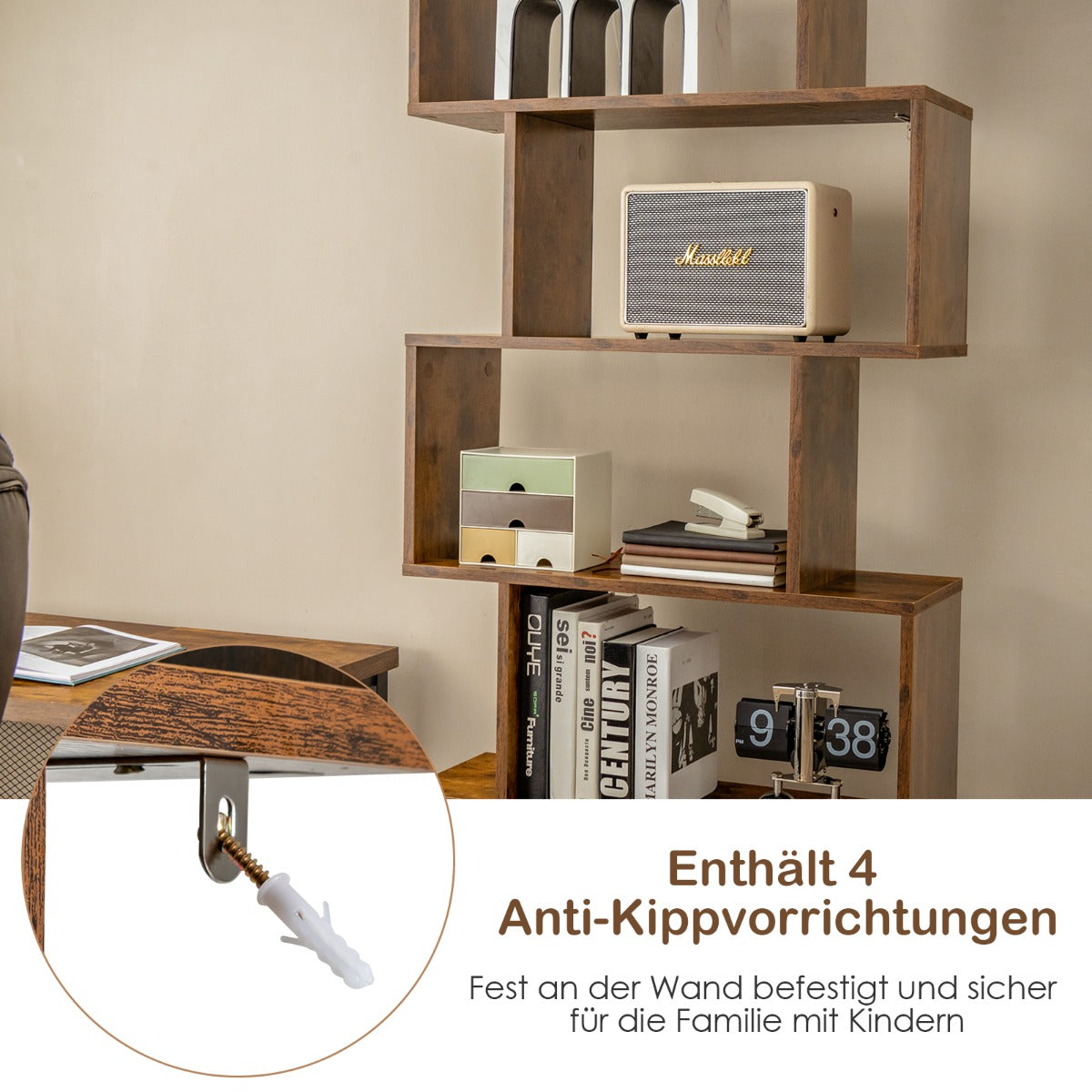 Bücherregal, Bücherregal 5 Ebenen, mit Türen, Standregal, aus Holz, 183 x 70 x 23 cm, Raumteiler Braun, Costway, 3