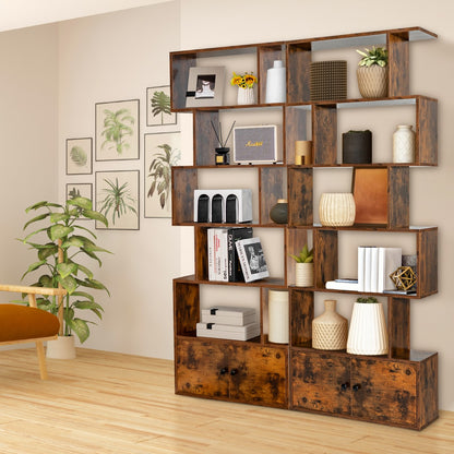 Bücherregal, Bücherregal 5 Ebenen, mit Türen, Standregal, aus Holz, 183 x 70 x 23 cm, Raumteiler Braun, Costway, 7