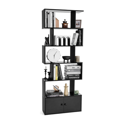 Bücherregal, Bücherregal mit Türen & 5 Ebenen, Standregal, aus Holz 183 x 70 x 23 cm Raumteiler Schwarz, Costway