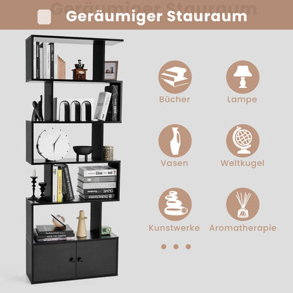 Bücherregal, Bücherregal mit Türen & 5 Ebenen, Standregal, aus Holz 183 x 70 x 23 cm Raumteiler Schwarz, Costway, 2