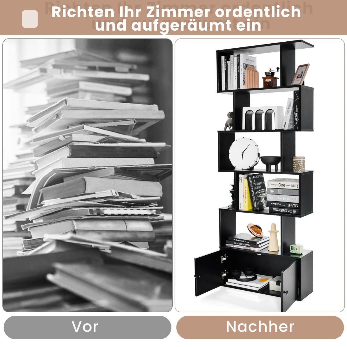 Bücherregal, Bücherregal mit Türen & 5 Ebenen, Standregal, aus Holz 183 x 70 x 23 cm Raumteiler Schwarz, Costway, 1