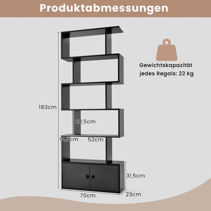 Bücherregal, Bücherregal mit Türen & 5 Ebenen, Standregal, aus Holz 183 x 70 x 23 cm Raumteiler Schwarz, Costway, 4