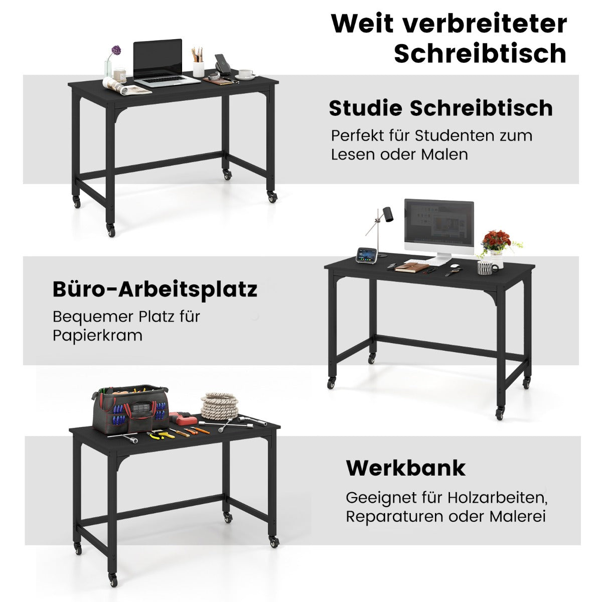 Costway - Schreibtisch mit Rollen & Metallrahmen Computertisch Bürotisch 120 x 60 x 76 cm Schwarz