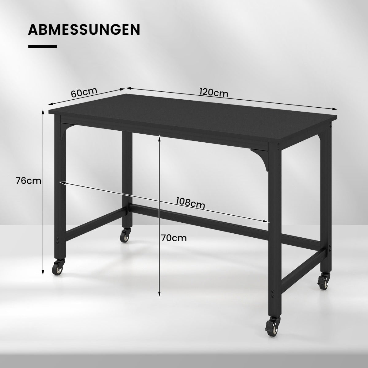 Costway - Schreibtisch mit Rollen & Metallrahmen Computertisch Bürotisch 120 x 60 x 76 cm Schwarz