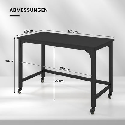 Costway - Schreibtisch mit Rollen & Metallrahmen Computertisch Bürotisch 120 x 60 x 76 cm Schwarz