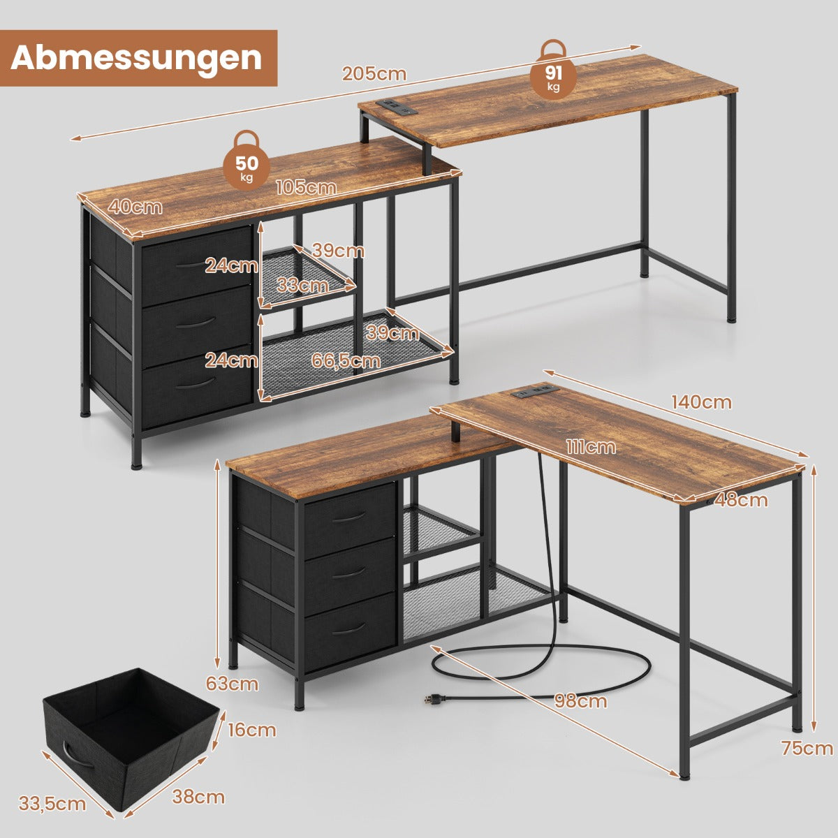 Costway - L-förmiger Computertisch mit Steckdose & 3 Stoffschubladen & Gitterablagen Eckschreibtisch Braun