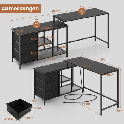 Costway - L-förmiger Computertisch mit Steckdose & 3 Stoffschubladen & Gitterablagen Eckschreibtisch Schwarz