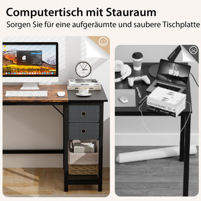 Costway - 140 cm Langer Schreibtisch mit 2 Schubladen & Kopfhörerhaken & Ablagefach Computertisch