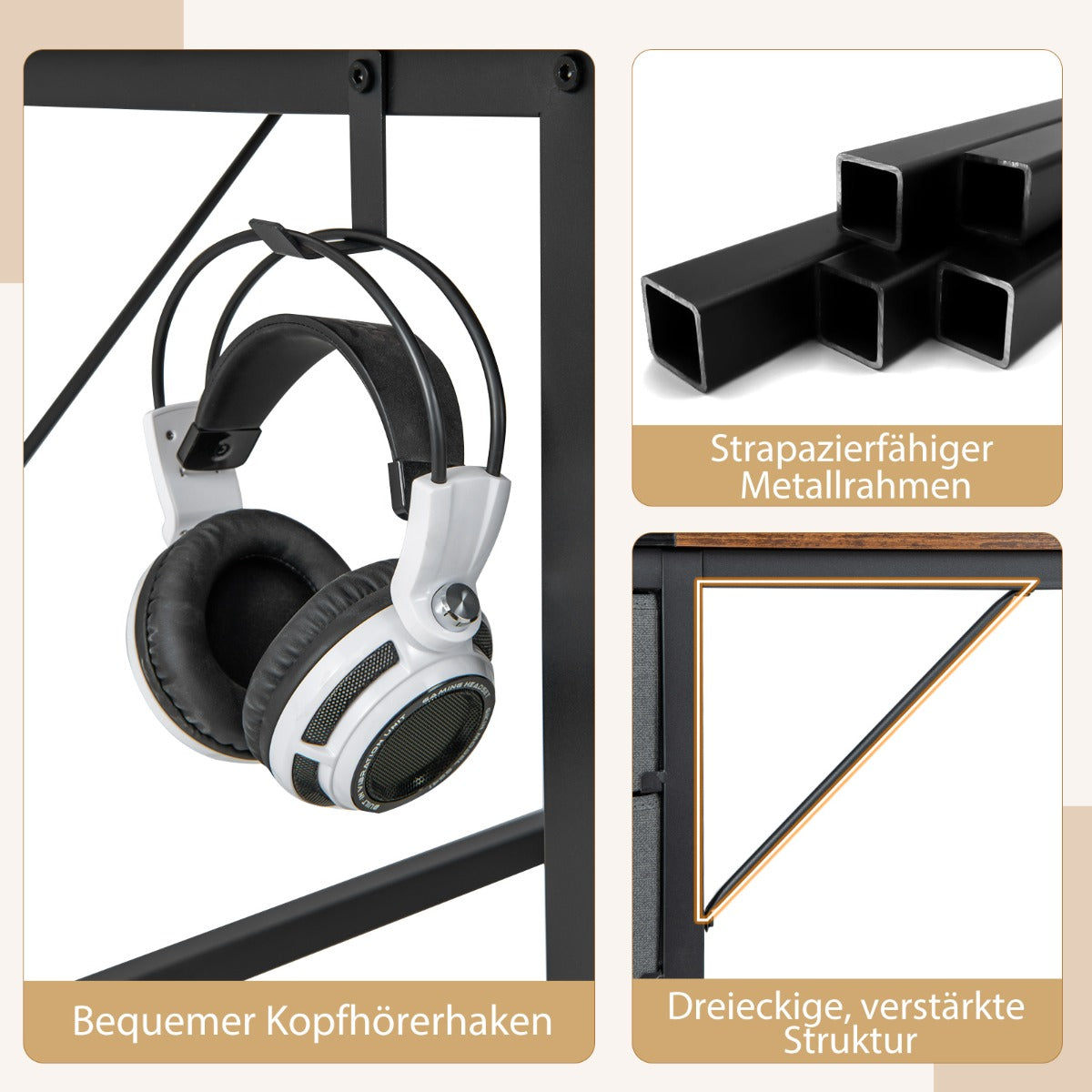 Costway - 140 cm Langer Schreibtisch mit 2 Schubladen & Kopfhörerhaken & Ablagefach Computertisch