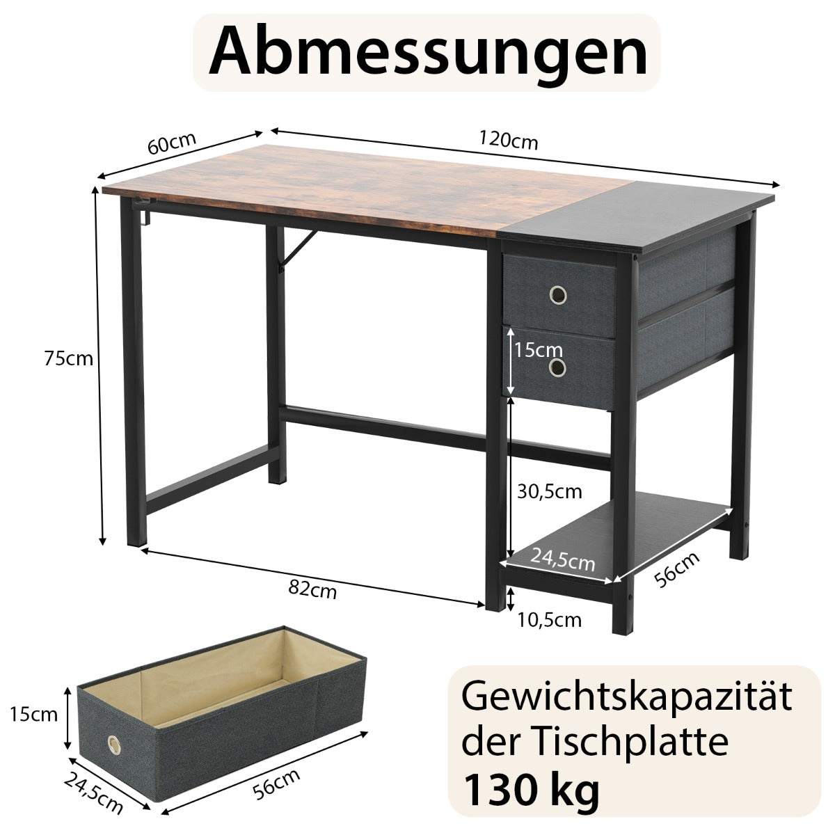 Costway - 120 cm Langer Schreibtisch mit 2 Schubladen & Kopfhörerhaken & Ablagefach Computertisch