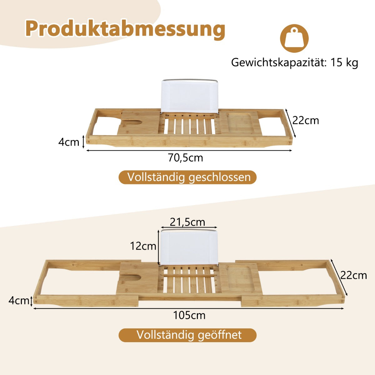 Badewannenablage, Bambus Badewannenbretter ausziehbare Badewannenablage mit verstellbarem Buchständer, Costway, 7