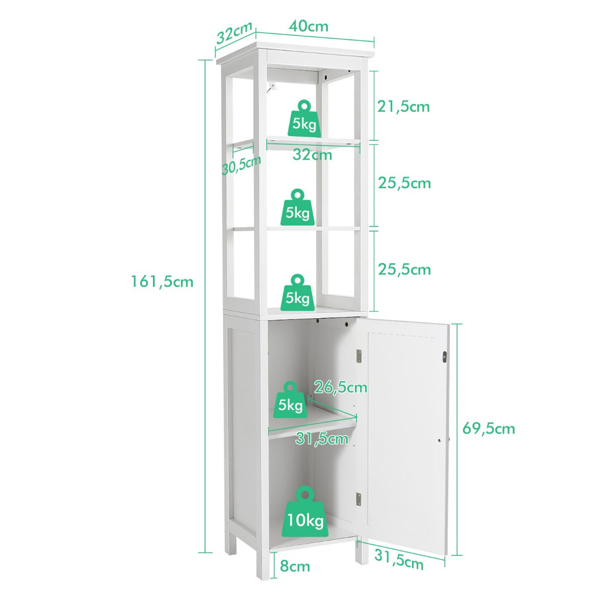 Hochschrank, 5-stöckiger Schmaler Hochschrank, mit 3-Positionen-Ablage, 40 x 32 x 161,5 cm, Weiß, Costway, 7