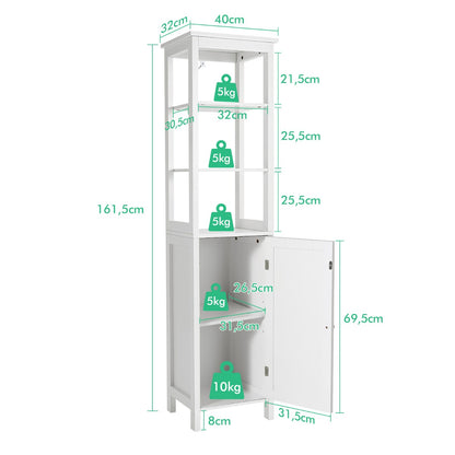 Hochschrank, 5-stöckiger Schmaler Hochschrank, mit 3-Positionen-Ablage, 40 x 32 x 161,5 cm, Weiß, Costway, 7