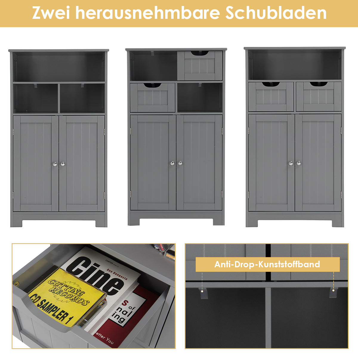 Badezimmer Unterschrank, Freistehender Schrank mit Schubladen für die Küche Badezimmer, Badezimmerschrank Schmal, Costway, 7