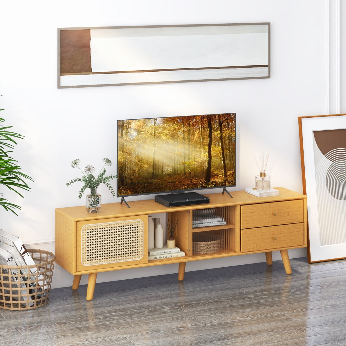 TV-Schrank, Bambus-TV-Ständer für TVs, bis zu 65 ", TV-Konsole im Mid-Century-Modern-Stil, Natur, Costway, 8