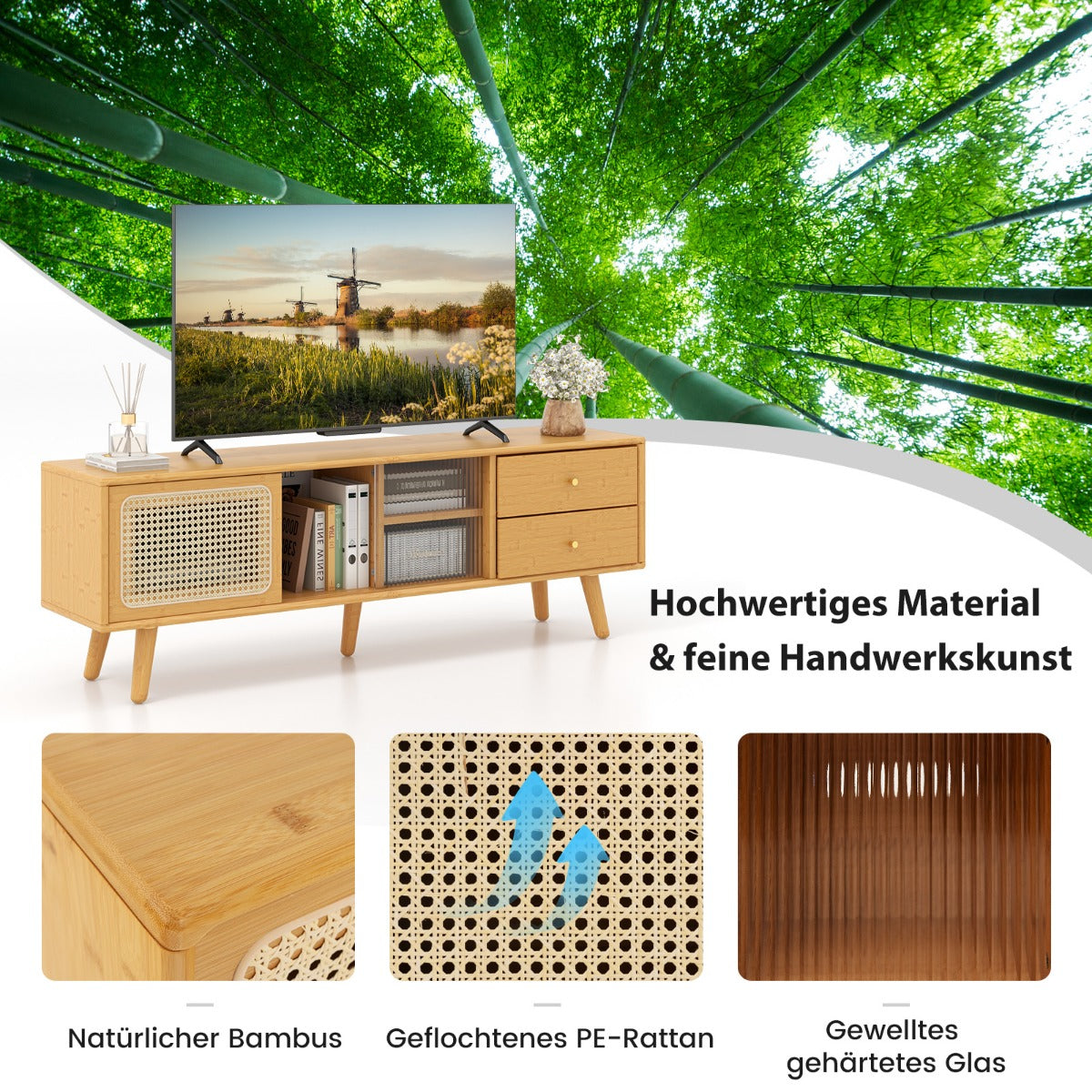 TV-Schrank, Bambus-TV-Ständer für TVs, bis zu 65 ", TV-Konsole im Mid-Century-Modern-Stil, Natur, Costway, 4