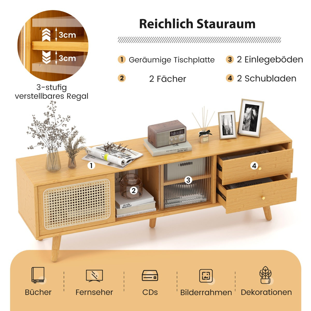 TV-Schrank, Bambus-TV-Ständer für TVs, bis zu 65 ", TV-Konsole im Mid-Century-Modern-Stil, Natur, Costway, 6