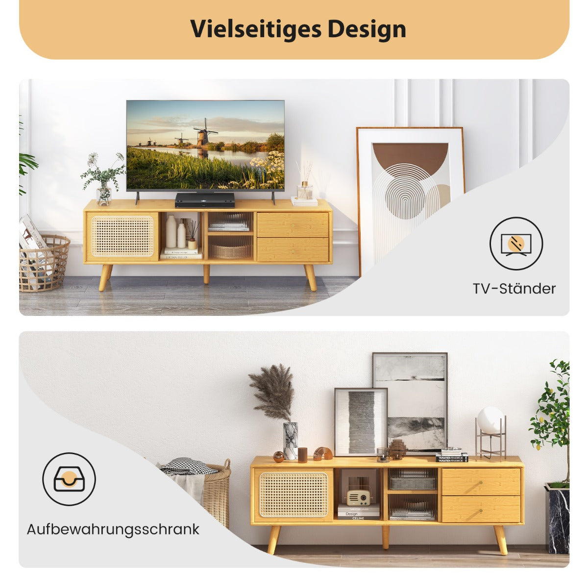 TV-Schrank, Bambus-TV-Ständer für TVs, bis zu 65 ", TV-Konsole im Mid-Century-Modern-Stil, Natur, Costway, 3