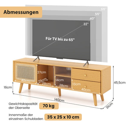 TV-Schrank, Bambus-TV-Ständer für TVs, bis zu 65 ", TV-Konsole im Mid-Century-Modern-Stil, Natur, Costway, 2