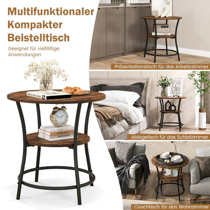 Couchtisch, Beistelltisch, Nachttisch, 2 Ebenen Beistelltisch Rund, Nachttisch mit Metallrahmen, Vintage, Costway, 5