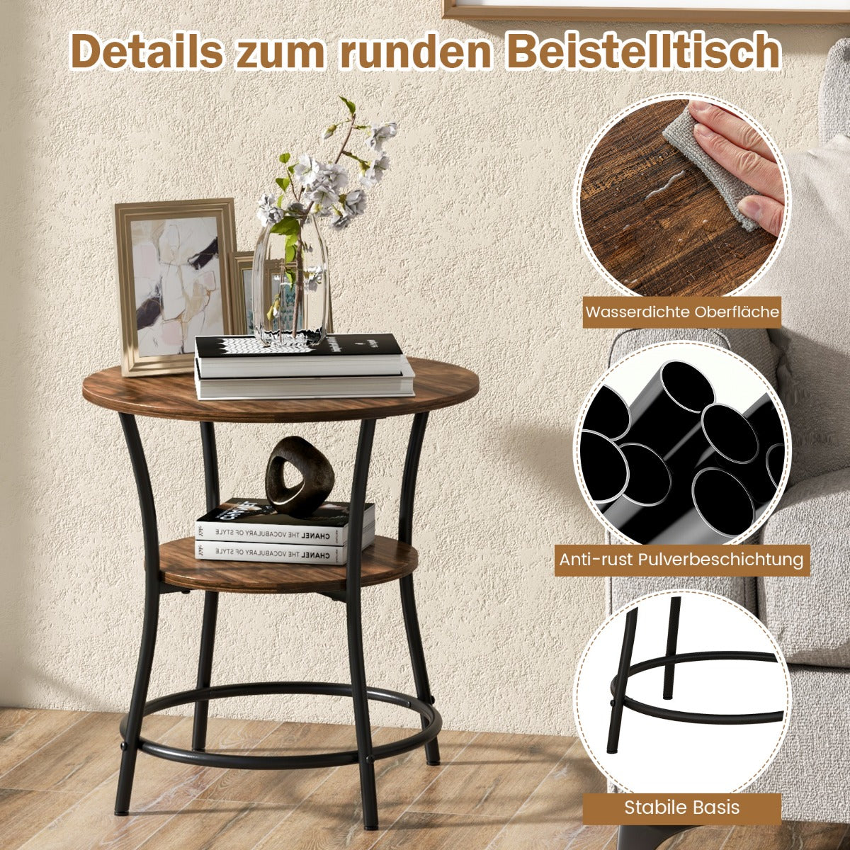 Couchtisch, Beistelltisch, Nachttisch, 2 Ebenen Beistelltisch Rund, Nachttisch mit Metallrahmen, Vintage, Costway, 3