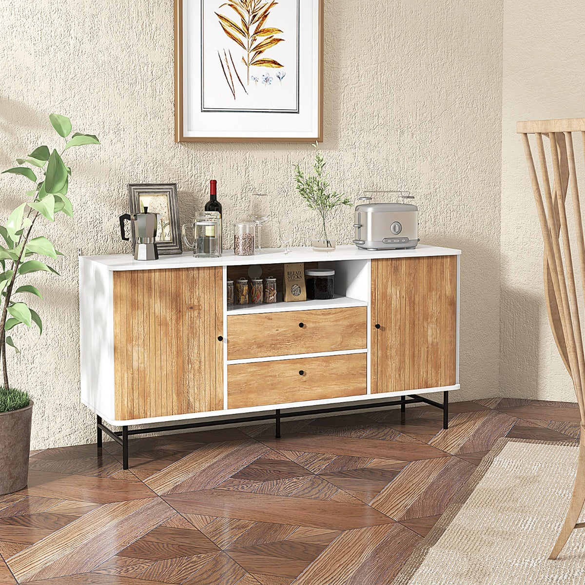 Costway Modernes Buffet-Sideboard Kaffeebar im Mid-Century-Stil mit Schiebetüren 150 x 45 x 74 cm Weiß + Eiche