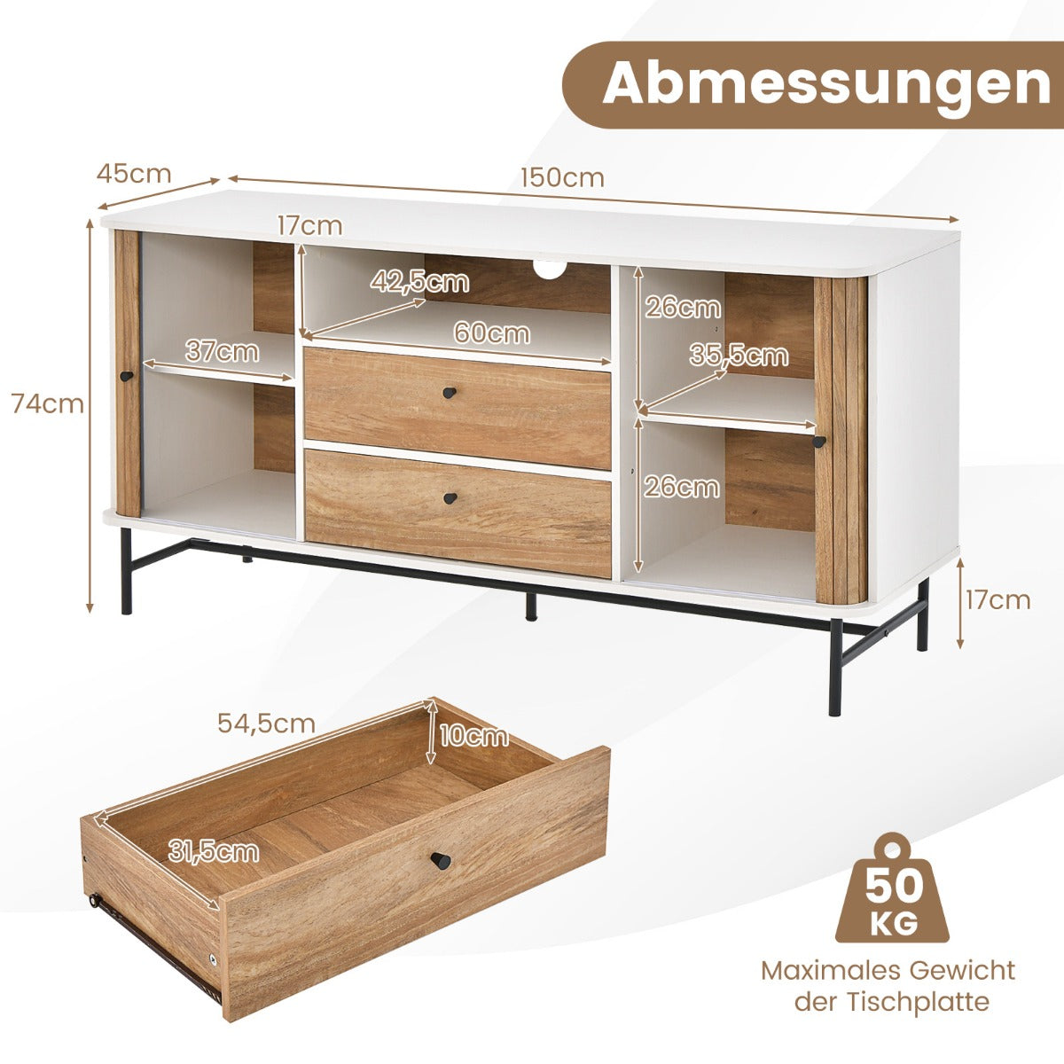 Costway Modernes Buffet-Sideboard Kaffeebar im Mid-Century-Stil mit Schiebetüren 150 x 45 x 74 cm Weiß + Eiche