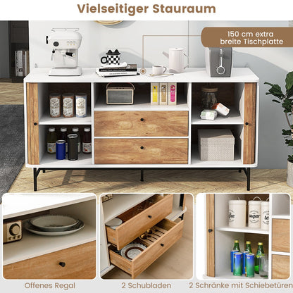 Costway Modernes Buffet-Sideboard Kaffeebar im Mid-Century-Stil mit Schiebetüren 150 x 45 x 74 cm Weiß + Eiche