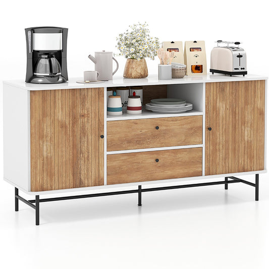 Costway Modernes Buffet-Sideboard Kaffeebar im Mid-Century-Stil mit Schiebetüren 150 x 45 x 74 cm Weiß + Eiche