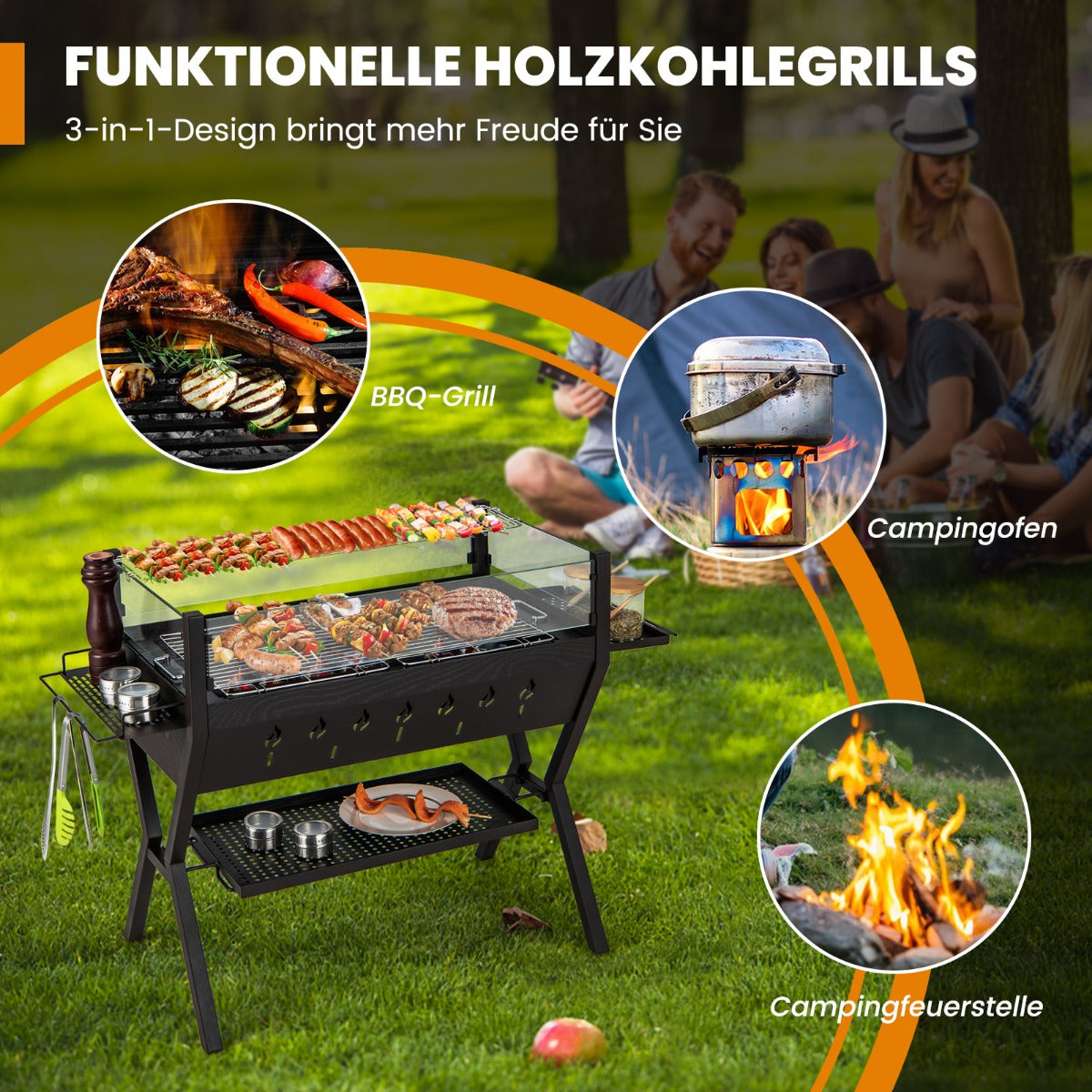 Holzkohlegrill mit Windschutz, Würzregalen & Ablage, Feuerschale Grill, Campinggrill, Grillfläche, aus Edelstahl, Costway, 4