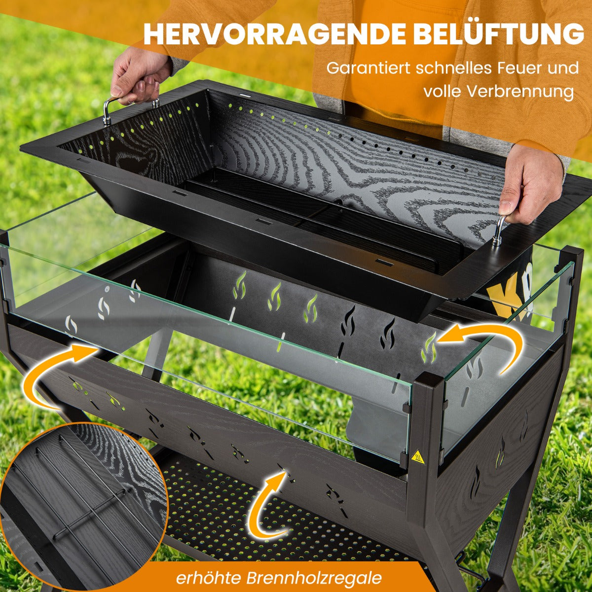 Holzkohlegrill mit Windschutz, Würzregalen & Ablage, Feuerschale Grill, Campinggrill, Grillfläche, aus Edelstahl, Costway, 7