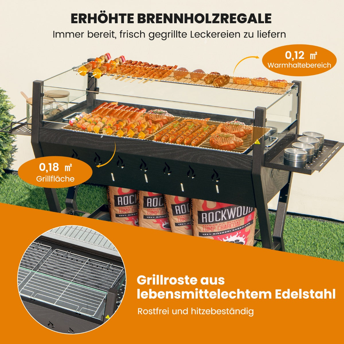 Holzkohlegrill mit Windschutz, Würzregalen & Ablage, Feuerschale Grill, Campinggrill, Grillfläche, aus Edelstahl, Costway, 8