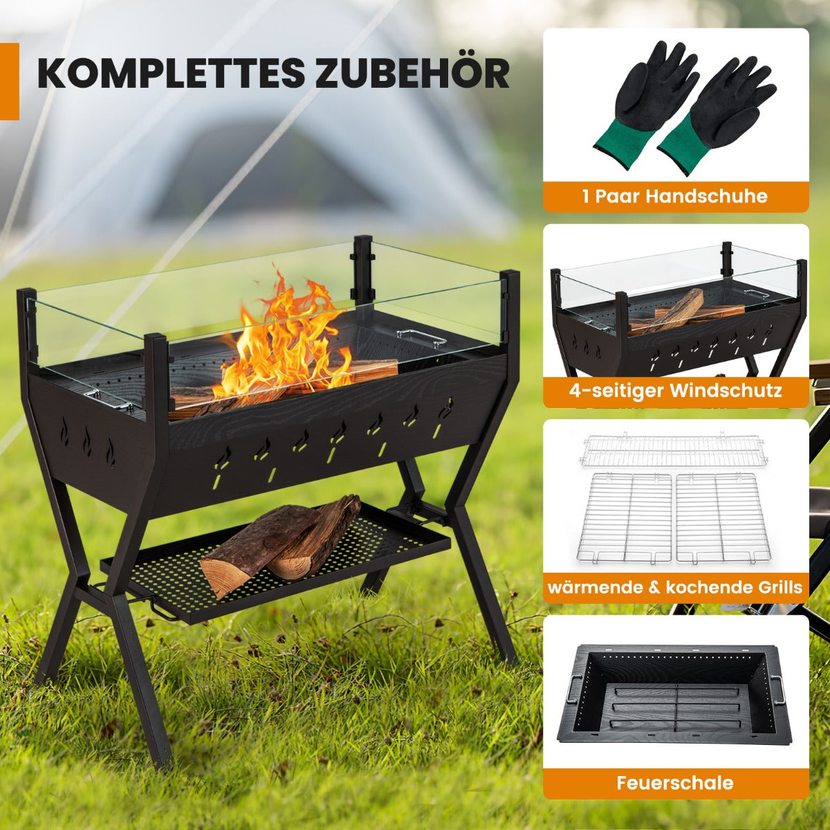 Holzkohlegrill mit Windschutz, Würzregalen & Ablage, Feuerschale Grill, Campinggrill, Grillfläche, aus Edelstahl, Costway, 3