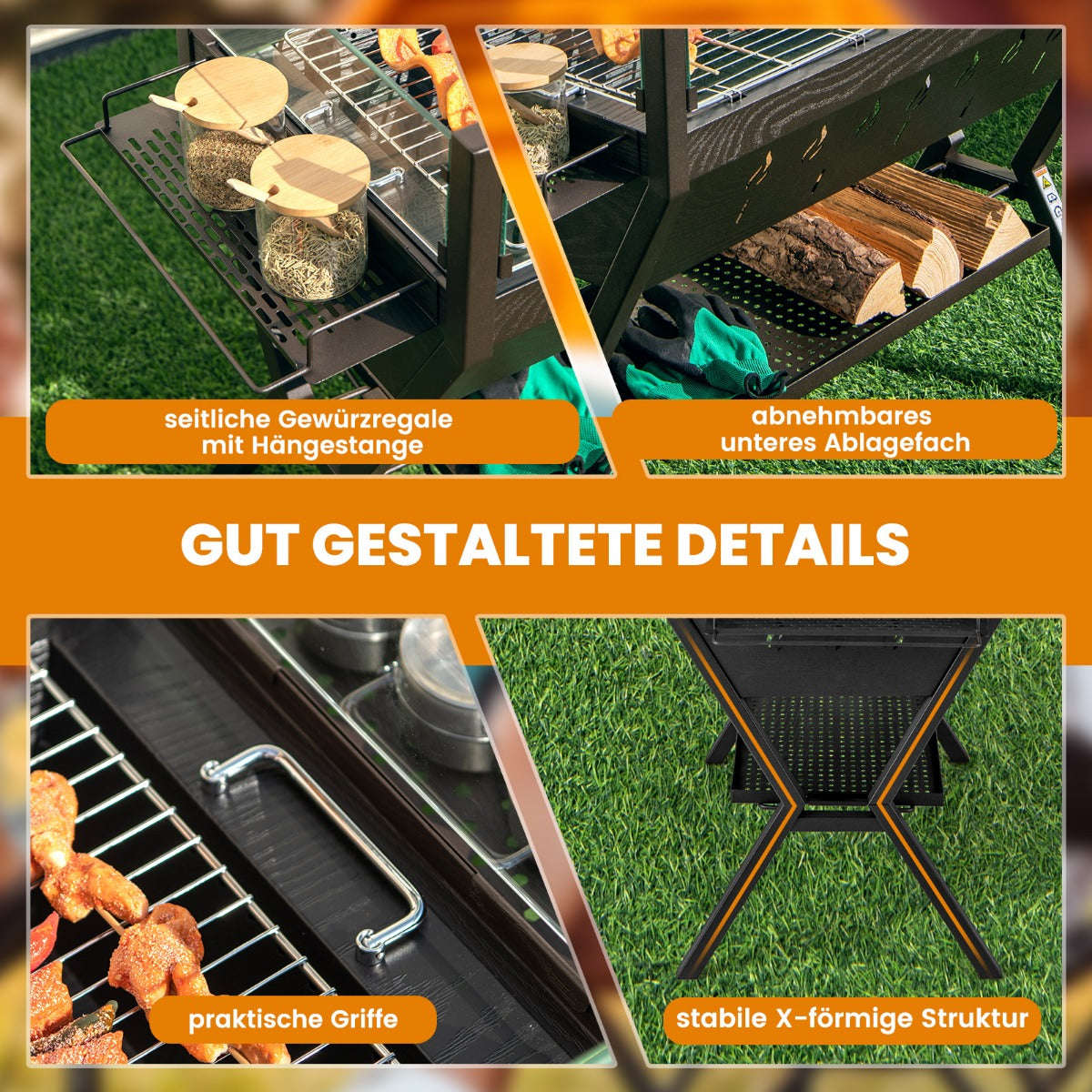 Holzkohlegrill mit Windschutz, Würzregalen & Ablage, Feuerschale Grill, Campinggrill, Grillfläche, aus Edelstahl, Costway, 5