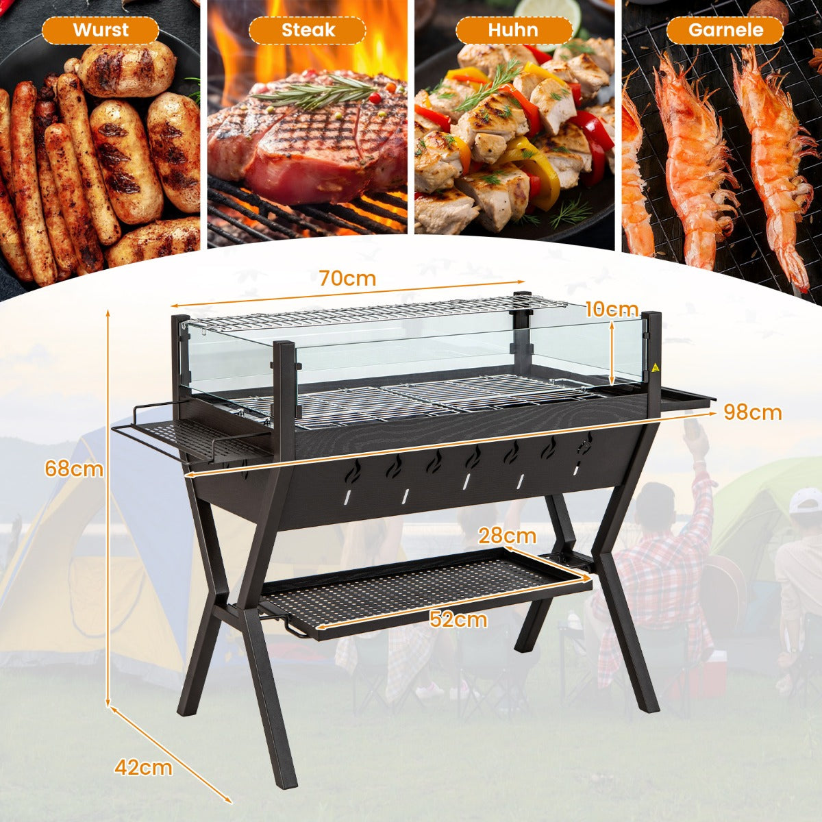 Holzkohlegrill mit Windschutz, Würzregalen & Ablage, Feuerschale Grill, Campinggrill, Grillfläche, aus Edelstahl, Costway, 6