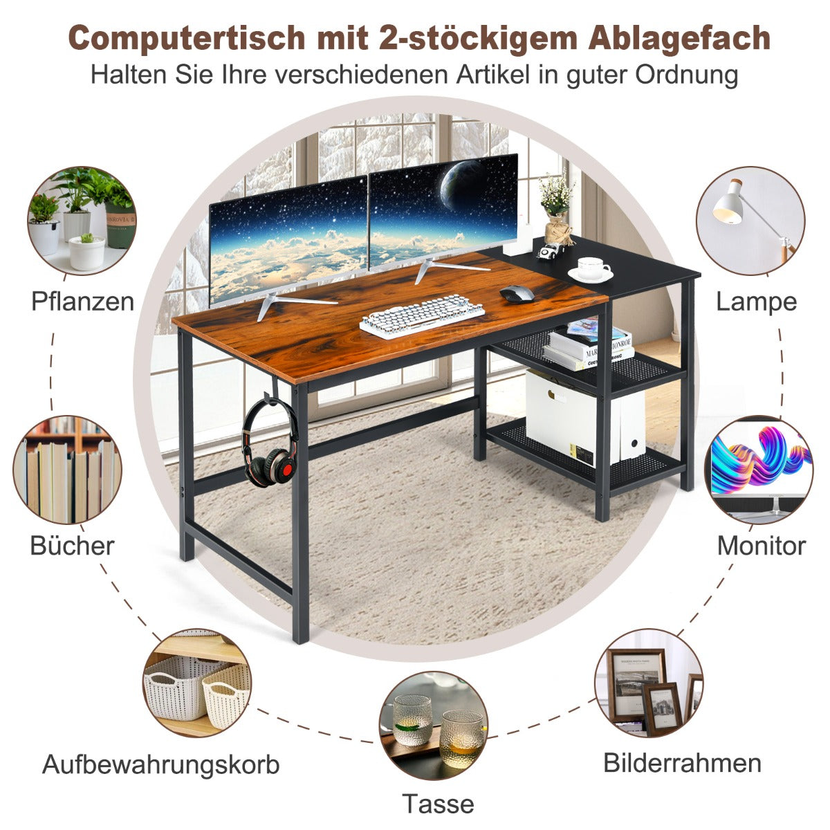 Costway - 150 cm Computertisch mit Herausnehmbaren Ablagefächern & Kopfhörerhaken Rustikal Braun