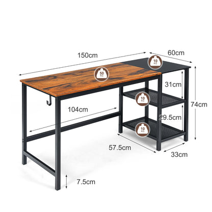 Costway - 150 cm Computertisch mit Herausnehmbaren Ablagefächern & Kopfhörerhaken Rustikal Braun