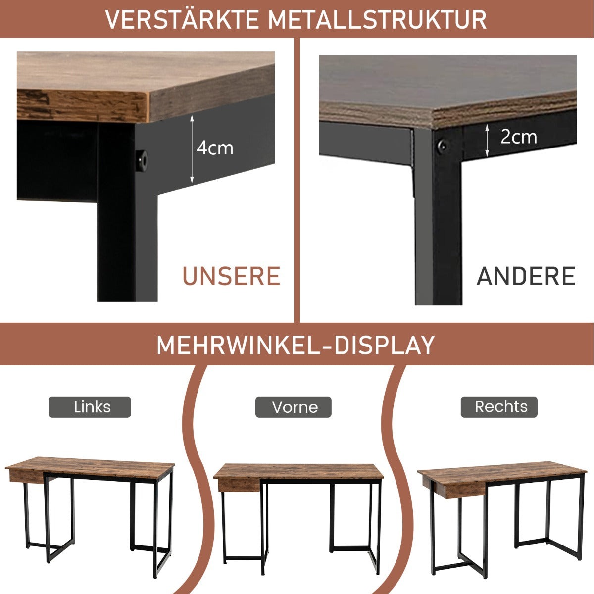 Costway - 120 cm langer Computertisch mit Schublade & Verstellbaren Pads Computertisch Rustikales Braun