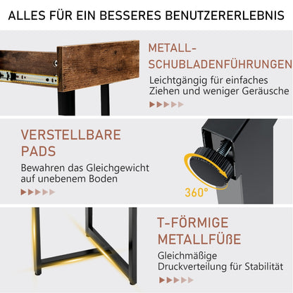 Costway - 120 cm langer Computertisch mit Schublade & Verstellbaren Pads Computertisch Rustikales Braun