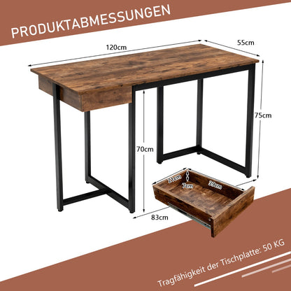 Costway - 120 cm langer Computertisch mit Schublade & Verstellbaren Pads Computertisch Rustikales Braun