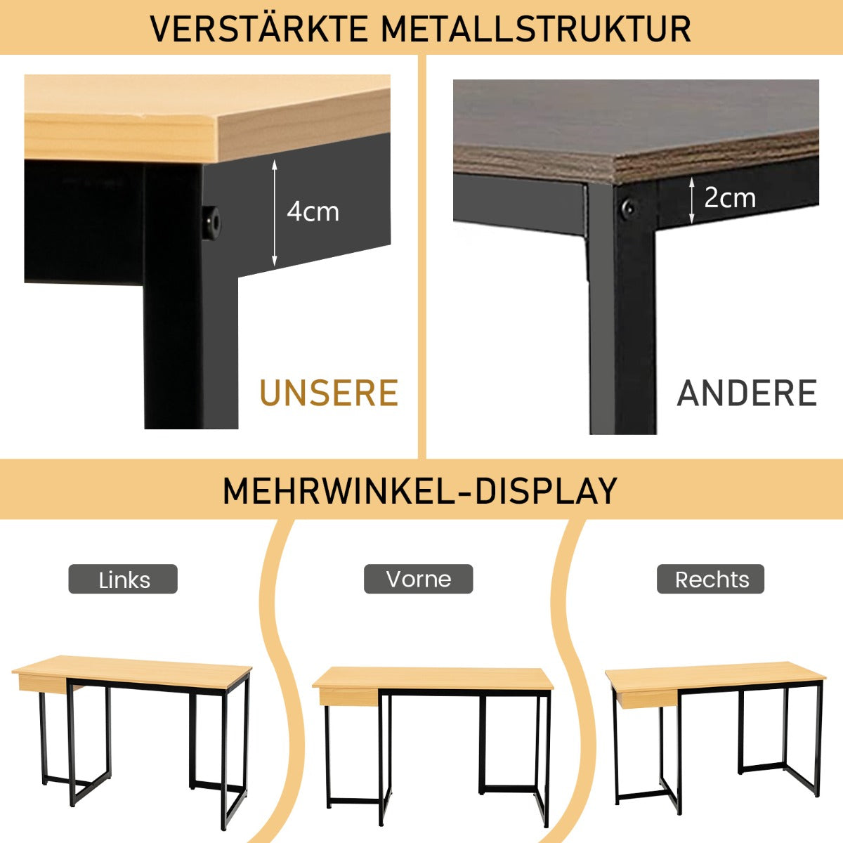 Costway - 120 cm Langer Computertisch mit Schublade & Verstellbaren Pads Computertisch Natur